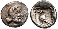 Greek SOUTHERN ASIA MINOR, Uncertain. 5th-4th centuries BC. AR Tetartemorion(?) (6mm, 0.18 g, 12h). Head right / Bird standing left in dotted square within incuse square. CNG E-385, lot 276; otherwise