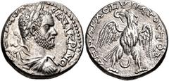 Roman Provincial PHOENICIA, Aradus. Macrinus. AD 217-218. AR Tetradrachm (25mm, 13.71 g, 12h). Laureate, draped, and cuirassed bust right / Eagle standing facing, head left, with wreath in beak and wi