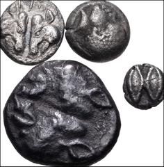 Large Lots GREEK. Asia Minor. Lot of four (4) AR and BI denominations. All coins: Fractional issues of Lesbos, Koinon mint. Lot includes one each of a quarter stater, African head twelfth stater, sixt