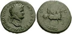 NERO. 54-68 AD. Æ Sestertius (36mm, 26.32 g). Lugdunum (Lyon) mint. Struck circa 67 AD. Laureate head right, globe at point of bust; c/m: X within rectagular incuse on neck / Nero on horseback right, 