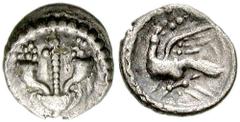 CELTIC, Britain. Atrebates. Verica. Circa 10-40 AD. AR Minim (8mm, 0.25 g, 7h). Crossed cornucopiae set in vase, thyrsus between / Eagle flying left, head right. Hobbs 1544 (same obverse die); Van Ars