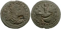 CILICIA, Augusta. Trebonianus Gallus. 251-253 AD. Æ 33mm (15.35 g). Dated CY 233 (252/3 AD). Radiate, draped and cuirassed bust right; countermark: X within circular incuse / Gallus in facing quadriga