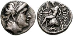 SELEUKID KINGS of SYRIA. Antiochos II Theos. 261-246 BC. AR Drachm (16mm, 4.25 g, 6h). Alexandreia in Areia (Artacoana) mint. Diademed head of Antiochos I right / Apollo Delphios seated left on omphal