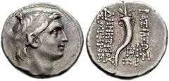SELEUKID KINGS of SYRIA. Demetrios I Soter. 162-150 BC. AR Drachm (17mm, 4.16 g, 1h). Antioch mint. Dated SE 160 (153/2 BC). Diademed head right / Cornucopiae; to inner right, monograms above date. SN