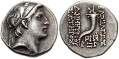SELEUKID KINGS of SYRIA. Demetrios I Soter. 162-150 BC. AR Drachm (16mm, 4.27 g, 1h). Antioch mint. Dated SE 162 (151/0 BC). Diademed head right / Cornucopiae; to inner right, monograms above date. SN