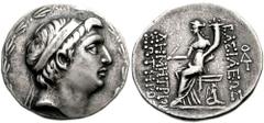 SELEUKID KINGS of SYRIA. Demetrios I Soter. 162-150 BC. AR Tetradrachm (29mm, 16.42 g, 1h). Nisibis mint. Diademed head right / Tyche seated left, holding sceptre and cornucopiae; winged Tritoness sup