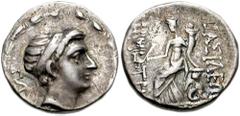 SELEUKID KINGS of SYRIA. Demetrios I Soter. 162-150 BC. AR Drachm (17mm, 4.18 g, 10h). Ekbatana mint. Diademed head right; ΠA behind / Tyche seated left, holding sceptre and cornucopiae; winged Triton