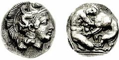LUCANIA, Herakleia. Circa 433-330 BC. AR Diobol (1.15 g, 12h). Estimate $1000 LUCANIA, Herakleia. Circa 433-330 BC. AR Diobol (1.15 g, 12h). Helmeted head of Athena right / Herakles kneeling right, he