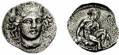BRUTTIUM, Pandosia. Circa 375-350 BC. AR Triobol (1.06 g, 2h). Estimate $2000 BRUTTIUM, Pandosia. Circa 375-350 BC. AR Triobol (1.06 g, 2h). Head of Hera facing slightly right, wearing polos decorated