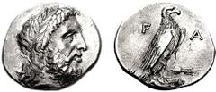 ELIS, Olympia. 108th Olympiad. 348 BC. AR Stater (12.11 g, 1h). Estimate $5000 ELIS, Olympia. 108th Olympiad. 348 BC. AR Stater (12.11 g, 1h). Laureate head of Zeus right / F-A across field, eagle sta