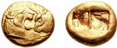 KINGS of LYDIA. Time of Kroisos to Cambyses. Circa 560-525 BC. AV Stater (8.07 g). Light Series. Sardes mint. Estimate $3000 KINGS of LYDIA. Time of Kroisos to Cambyses. Circa 560-525 BC. AV Stater (8