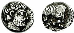 SATRAPS of CARIA. Hekatomnos. 395-377 BC. AR Diobol (1.29 g, 6h). Mylasa mint. Estimate $200  SATRAPS of CARIA. Hekatomnos. 395-377 BC. AR Diobol (1.29 g, 6h). Mylasa mint. Bearded head of Hekatomnos 