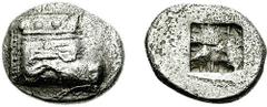 LYCIA, Phaselis. Circa 530/20-500 BC. AR Stater (10.63 g). Estimate $500  LYCIA, Phaselis. Circa 530/20-500 BC. AR Stater (10.63 g). Prow of galley right, terminating in a boar's forepart; below ram, 