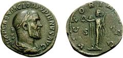 PUPIENUS. 238 AD. Æ Sestertius (20.11 g, 12h). Estimate $500 PUPIENUS. 238 AD. Æ Sestertius (20.11 g, 12h). Laureate, draped, and cuirassed bust right, seen from behind / Victory standing facing, head
