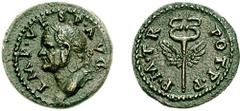 VESPASIAN. 69-79 AD. Æ Semis (3.81 g, 7h). Antioch mint. Struck circa 74 AD. Estimate $200 VESPASIAN. 69-79 AD. Æ Semis (3.81 g, 7h). Antioch mint. Struck circa 74 AD. Laureate head left / Winged cadu