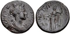 Roman Provincial LYDIA, Magnesia ad Sipylum. Sabina. Augusta, AD 128-136/7. Æ (18mm, 4.10 g, 6h). Draped bust tight, wearing elaborate coiffure / Demeter standing left, holding grain ears and torch. R