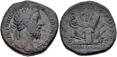 Roman Imperial Marcus Aurelius. AD 161-180. Æ Sestertius (31.5mm, 25.89 g, 6h). Rome mint. Struck AD 177. Laureate head right / DE GERMANIS in exergue, pile of arms. RIC III 1184; MIR 18, 370-6/30; Ba