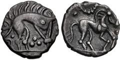British CELTIC, Iceni. Uninscribed. Circa 65-1 BC. AR Unit (12mm, 0.96 g, 7h). Norfolk Boar Triadic (Icenian C) type. Stylized boar right with pellet on front; triad of pellets below / Horse right; wh