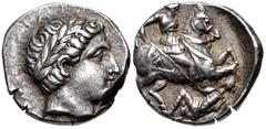 Greek KINGS of PAEONIA. Patraos. Circa 335-315 BC. AR Tetradrachm (22.5mm, 12.46 g, 12h). Damastion or Astibos mint. Laureate head of Apollo right / Warrior on horseback rearing right, spearing fallen