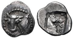 Greek THESSALY, Larissa. Circa 462/1-460 BC. AR Obol (10mm, 0.91 g, 9h). Head and neck of bull left, the head turned to face the viewer / ΛA, head and neck of bridled horse right; all within incuse sq