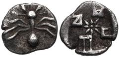 Greek CIMMERIAN BOSPOROS, Pantikapaion. Circa 410-400 BC. AR Tetartemorion (6.5mm, 0.16 g). Ant / Incuse counterclockwise swastika pattern with central star; ethnic across raised sections; all within 