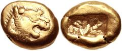 Greek KINGS of LYDIA. temp. Alyattes – Kroisos. Circa 620/10-550/39 BC. EL Trite – Third Stater (13.5mm, 4.70 g). Sardes mint. Head of roaring lion right, "sun" with multiple rays on forehead / Two in