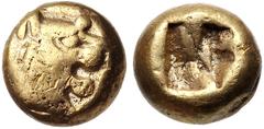 Greek KINGS of LYDIA. temp. Alyattes – Kroisos. Circa 620/10-550/39 BC. EL Hemihekte – Twelfth Stater (7mm, 1.16 g). Sardes mint. Head of roaring lion right, sun with no rays on forehead / Incuse squa
