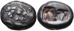 Greek KINGS of LYDIA. temp. Cyrus – Darios I. Circa 550/39-520 BC. AR Siglos – Half Stater (15mm, 5.13 g). Kroiseid type. Sardes mint. Confronted foreparts of lion right and bull left / Two incuse squ