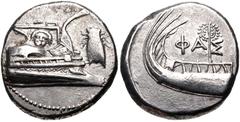 Greek LYCIA, Phaselis. 4th century BC. AR Stater (20.5mm, 10.38 g, 4h). Prow of galley right, fighting platform decorated with facing gorgoneion; to right, cicada upward / Stern of galley left, with w