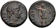 Roman Provincial LYDIA, Sardis. Antinoüs. Died AD 130. Æ (18mm, 5.27 g, 12h). Struck under Hadrian. Bare head of Antinoüs right / Silenus standing right, offering grapes to infant Dionysus. Blum 1; RP