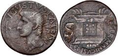 Roman Imperial Divus Augustus. Died AD 14. Æ As (28mm, 10.96 g, 12h). Contemporary imitation of a Rome issue struck under Tiberius, circa AD 22/23-30. Radiate head left / Altar, with closed, double-pa