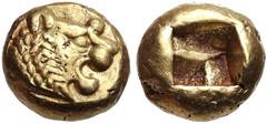 Greek KINGS of LYDIA. temp. Alyattes – Kroisos. Circa 620/10-550/39 BC. EL Hemihekte – Twelfth Stater (7.5mm, 1.17 g). Sardes mint. Head of roaring lion right, sun with no rays on forehead / Incuse sq