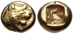 Greek KINGS of LYDIA. temp. Alyattes – Kroisos. Circa 620/10-550/39 BC. EL Hemihekte – Twelfth Stater (7.5mm, 1.17 g). Sardes mint. Head of roaring lion right, sun with no rays on forehead / Incuse sq
