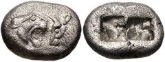 Greek KINGS of LYDIA. temp. Cyrus – Darios I. Circa 550/39-520 BC. AR Siglos – Half Stater (16mm, 5.14 g). Kroiseid type. Sardes mint. Confronted foreparts of lion right and bull left / Two incuse squ