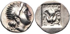 Greek ISLANDS off CARIA, Rhodos. Rhodes. Circa 188-170 BC. AR Drachm (15.5mm, 2.93 g, 1h). 'Plinthophoric' coinage. Stasion, magistrate. Radiate head of Helios right / Rose with bud to right; ΣTAΣIΩN 