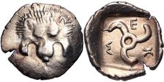 Greek DYNASTS of LYCIA. Mithrapata. Circa 390-370 BC. AR Sixth Stater (14mm, 1.38 g). Uncertain mint. Facing lion scalp / Triskeles within incuse square. Müseler VII 91–2; SNG Copenhagen Supp. 476. VF