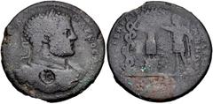 Roman Provincial Caracalla. AD 198-217. Æ Medallion (43mm, 41.44 g, 6h). M. Caerelius Attalus, strategos. Struck AD 214-215. Laureate and cuirassed bust right; gorgoneion on breastplate; c/m: wreath /