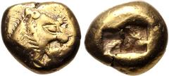 Greek KINGS of LYDIA. temp. Alyattes – Kroisos. Circa 620/10-550/39 BC. EL Trite – Third Stater (12.5mm, 4.71 g). Sardes mint. Head of roaring lion right, "sun" with multiple rays on forehead / Two in