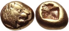 Greek KINGS of LYDIA. temp. Alyattes – Kroisos. Circa 620/10-550/39 BC. EL Hemihekte – Twelfth Stater (7.5mm, 1.17 g). Sardes mint. Head of roaring lion right, sun with no rays on forehead / Incuse sq