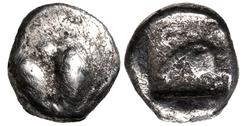 Greek KYRENAICA, Barke. Circa 475-435 BC. AR Tetartemorion (5.5mm, 0.27 g). Attic standard. Silphion fruit / Head of ram left within incuse square. SNG Copenhagen –; BMC p. clxvii, 2a (drachm, ram hea