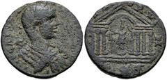 Roman Provincial PHOENICIA, Tyre. Elagabalus. AD 218-222. Æ (26mm, 10.24 g, 12h). Laureate, draped, and cuirassed bust right / Hexastyle temple containing figure of Astarte crowning Victory on column;