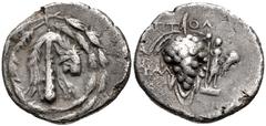 Greek LYDIA, Tralleis. Circa 166-67 BC. AR Drachm (16mm, 2.85 g, 12h). Cistophoric standard. Ptol–, magistrate. Struck circa 133–127/6 BC. Lion skin draped over club; all within wreath / Grape bunch o