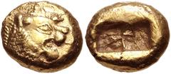 Greek KINGS of LYDIA. temp. Alyattes – Kroisos. Circa 620/10-550/39 BC. EL Trite – Third Stater (13mm, 4.75 g). Sardes mint. Head of roaring lion right, "sun" with multiple rays on forehead / Two incu