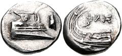 Greek LYCIA, Phaselis. 4th century BC. AR Stater (22.5mm, 10.38 g, 8h). Prow of galley right, fighting platform decorated with facing gorgoneion; to right, cicada upward / Stern of galley left; ΦAΣ ab