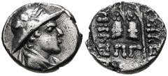 Oriental Greek BAKTRIA, Greco-Baktrian Kingdom. Eukratides I Megas. Circa 170-145 BC. AR Obol (10mm, 0.57 g, 12h). Diademed and draped bust right, wearing crested helmet helmet adorned with bull's hor