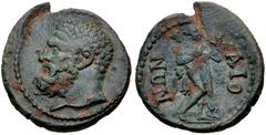 Roman Provincial LYDIA, Maeonia. Pseudo-autonomous issue. temp. Marcus Aurelius, AD 161-180. Æ (20.5mm, 4.64 g, 1h). Bareheaded and bearded head of Herakles left / Omphale, naked but for lion's skin h