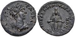 Roman Provincial LYDIA, Maeonia. Geta. As Caesar, AD 198-209. Æ (20.5mm, 4.28 g, 12h). Laureate, draped, and cuirassed bust right / Cult statue of Artemis Anaïtis standing facing, wearing kalathos, fi