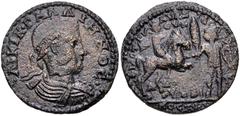 Roman Provincial LYDIA, Mostene. Gallienus. AD 253-268. Æ (27.5mm, 8.71 g, 7h). Laureate, draped, and cuirassed bust right / Radiate deity on horseback right, holding labrys over shoulder; horse being