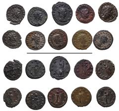Roman Imperial Claudius II Gothicus. AD 268-270. Lot of ten (10) Antoniniani. Includes the following: 1) MILAN. Sol raising hand and holding globe; –/–//P. RIC Online 49. 2) Providentia holding baton 