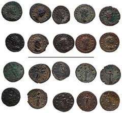 Roman Imperial Claudius II Gothicus. AD 268-270. Lot of ten (10) Antoniniani. Includes the following: 1) MILAN. Pax holding olive branch and scepter; –/–//T. RIC Online 39 (this coin cited). 2) Diana 
